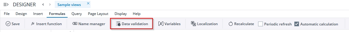 Data validation button in the Formulas toolbar